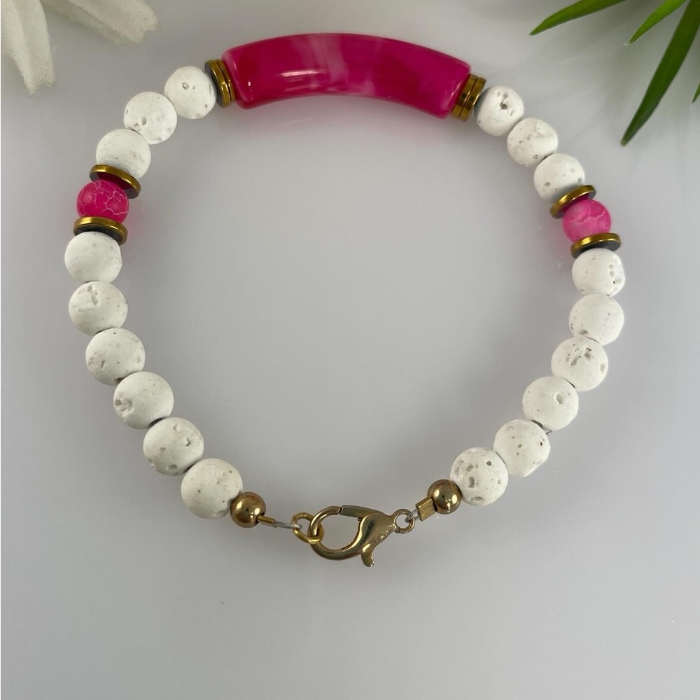 6mm White Lava and Pink Frosted Agate Stone Gold Plated Bracelet